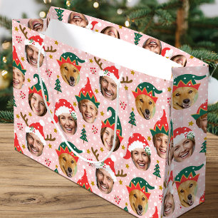 Christmas Photo Collage Festive Funny Face Pink Large Gift Bag