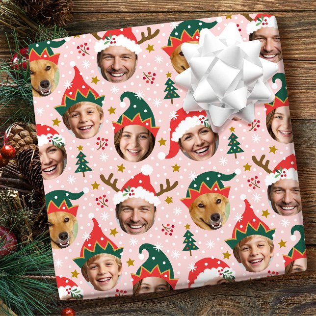 Christmas Photo Collage Festive Funny Face Pink Wrapping Paper (Creator Uploaded)