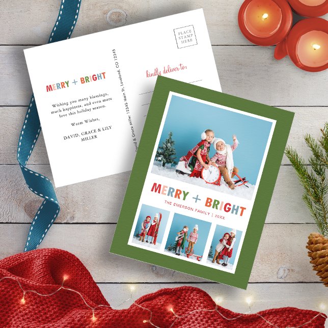 Christmas Photo Collage Green Merry and Bright Holiday Postcard (Christmas Photo Collage Green Merry and Bright Holiday Postcard
)