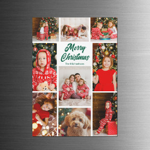 Christmas Photo Collage Green Script Magnet Card