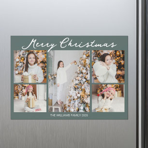 Christmas Photo Collage Grey Green Magnet Card