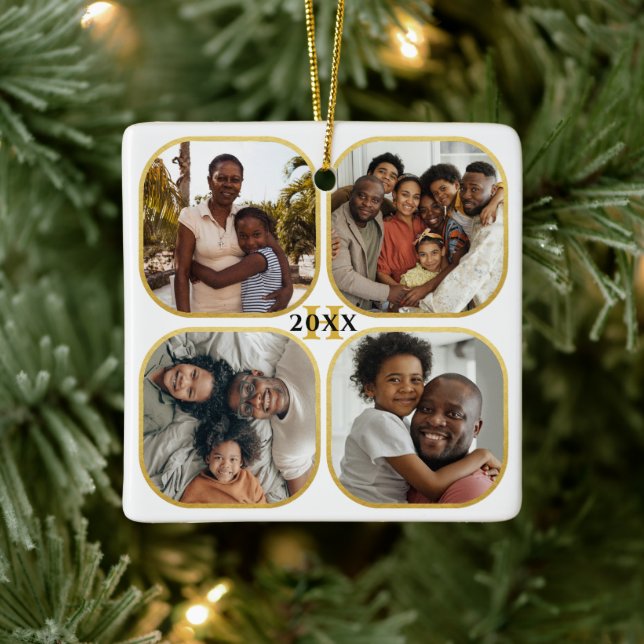 Christmas Photo Collage Monogram Gold White Ceramic Ornament (Tree)