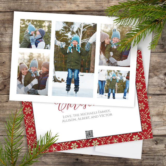 Christmas Photo Collage Red Green Snowflake  Holiday Card (Merry Christmas Calligraphy Script holiday multi photo card with elegant snowflake pattern)