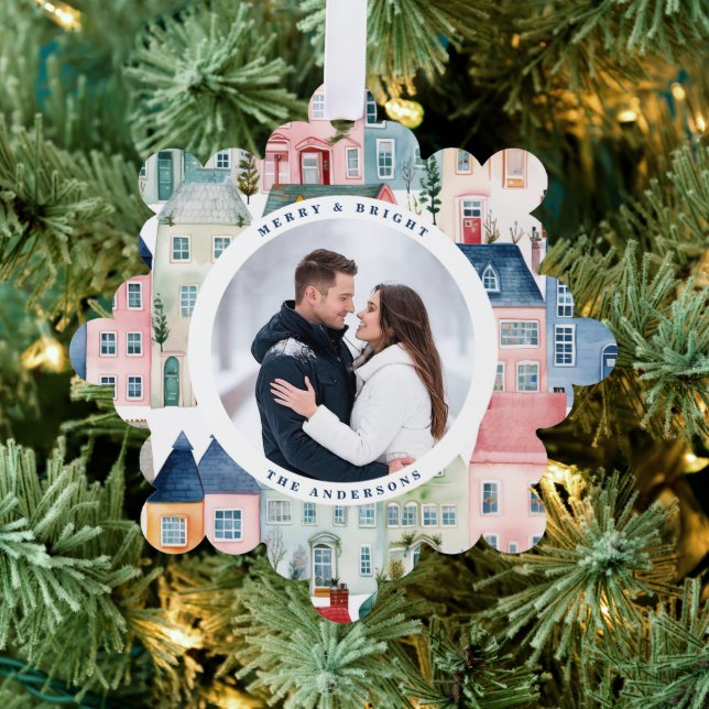 Christmas Photo Colourful Houses Blue Holiday Tree Decoration Card (Insitu (Tree))
