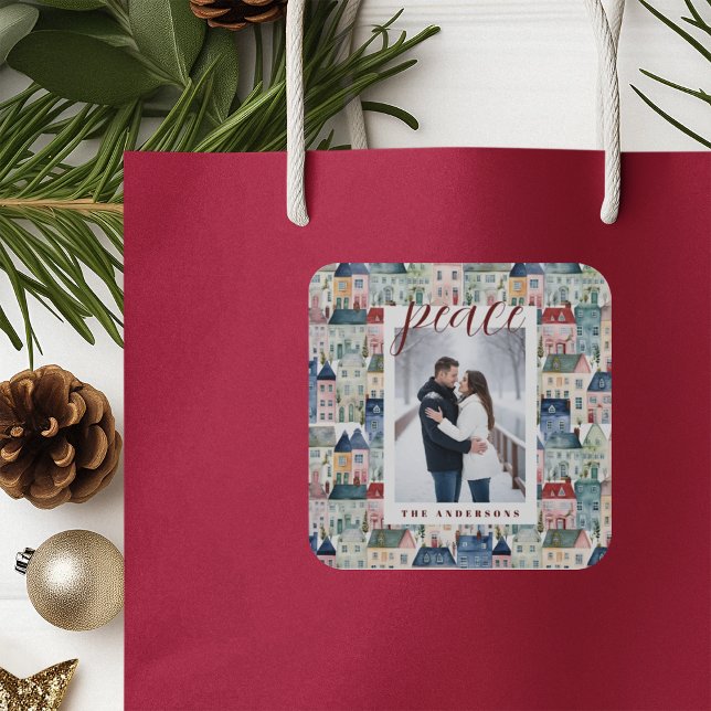 Christmas Photo Colourful Houses Holiday Square Sticker (Creator Uploaded)