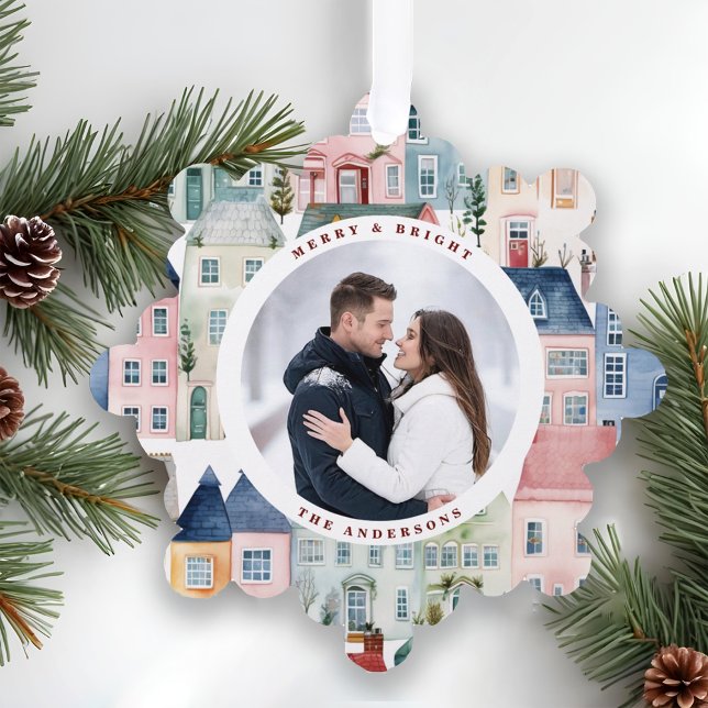 Christmas Photo Colourful Houses Red Holiday Tree Decoration Card (Creator Uploaded)