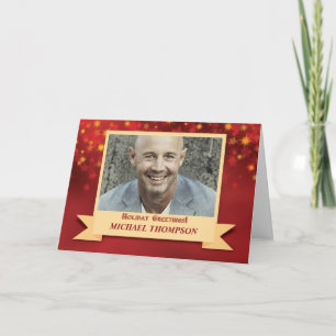 Christmas Photo Custom Name Red with Gold Stars Card