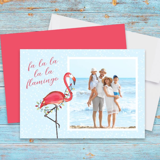 Christmas Photo Cute Beach Pink Tropical Flamingo  Holiday Card (Christmas fa la la la la flamingo photo card)