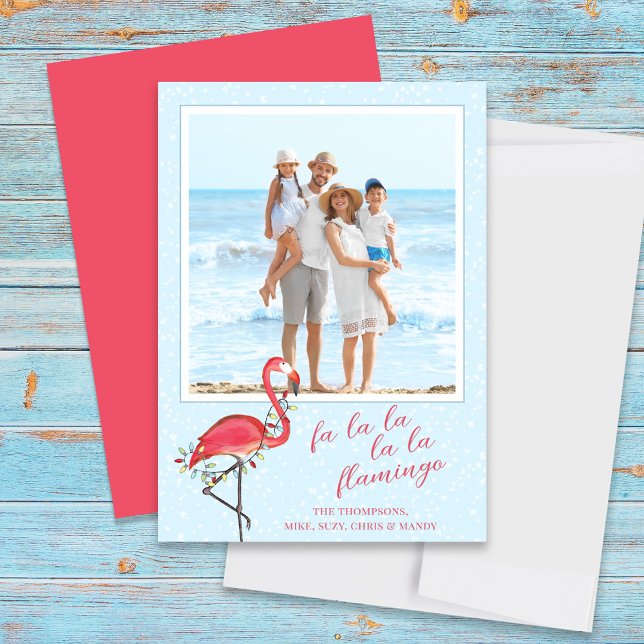 Christmas Photo Cute Beach Pink Tropical Flamingo  Holiday Card (Christmas photo card with cute pink flamingo and holiday string lights. )