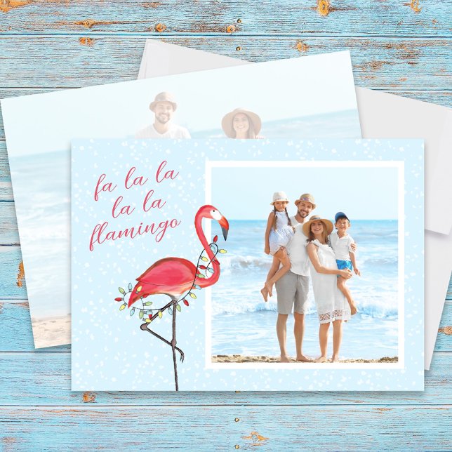 Christmas Photo Cute Beach Pink Tropical Flamingo  Holiday Card (Christmas whimsical beach theme pink flamingo photo card. )