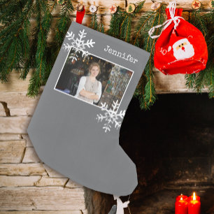 Christmas Photo Dark Grey Distressed Snowflakes Small Christmas Stocking