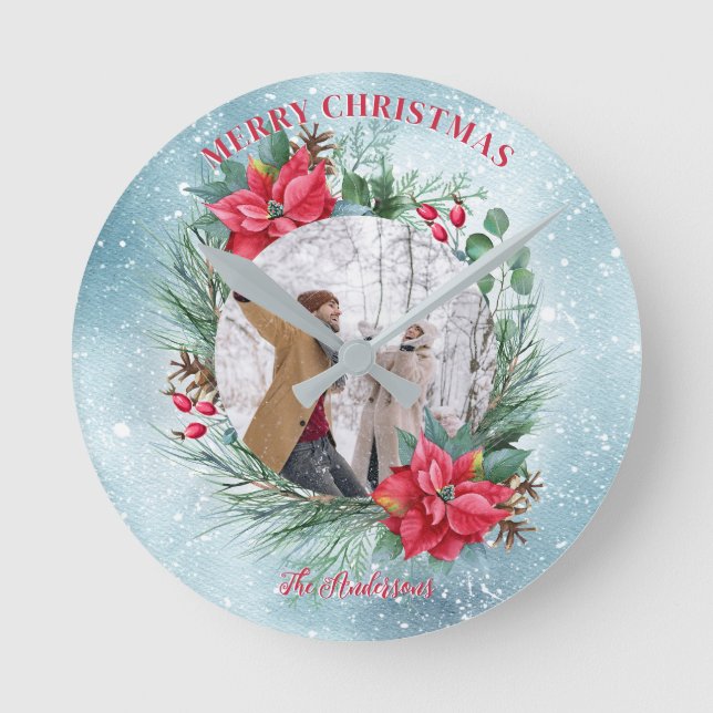 Christmas photo family floral wreath round clock (Front)