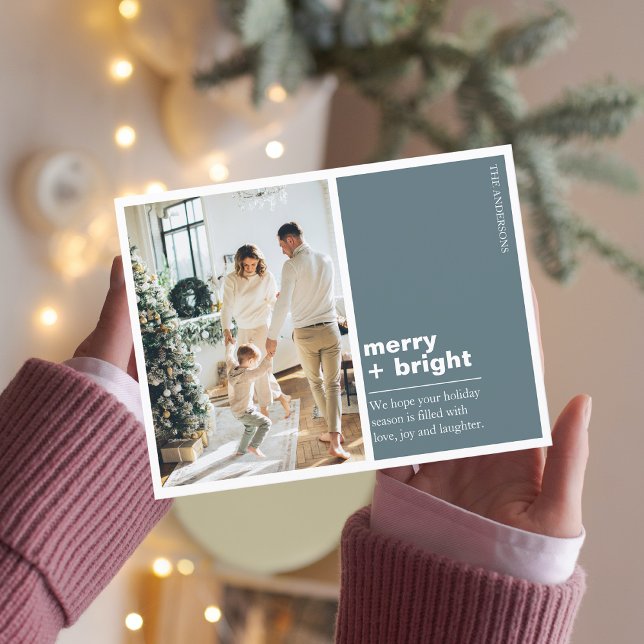 Christmas Photo Family | Merry + Bright Blue Postcard (Creator Uploaded)