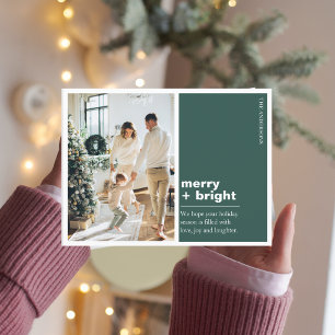 Christmas Photo Family Merry + Bright Green Postcard
