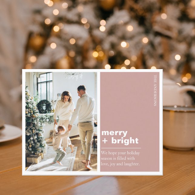 Christmas Photo Family | Merry + Bright Pink Postcard (Creator Uploaded)