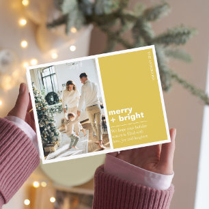 Christmas Photo Family Merry + Bright Yellow Postcard