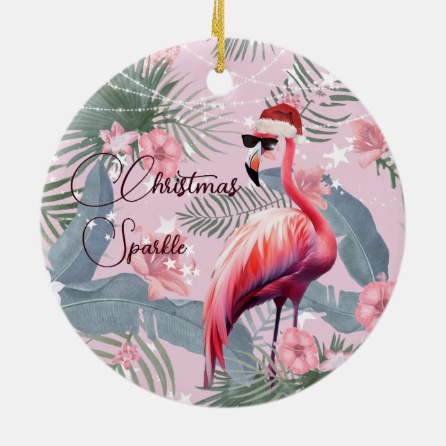 Christmas Photo Flamingo Santa Hat Tropical  Ceramic Tree Decoration (Back)