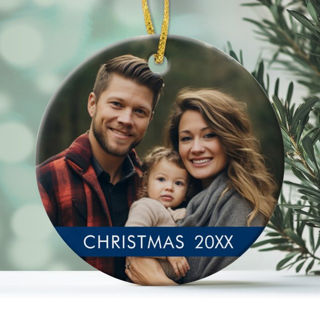 Christmas Photo Frame - Modern Ceramic Tree Decoration (A modern, minimalist photo ornament with a blue accent and white type)