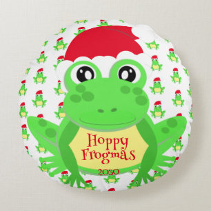 Christmas Photo Frog Santa Hat Pattern White Cute Round Cushion