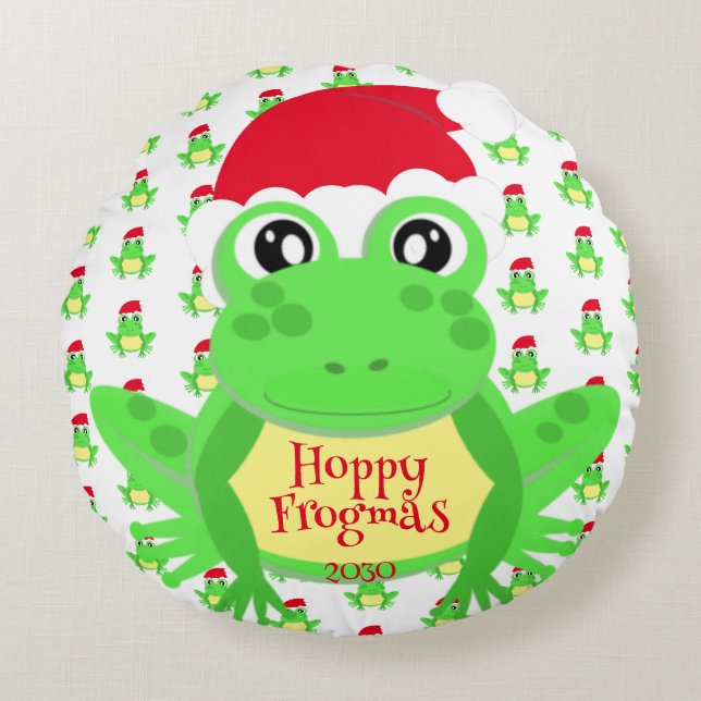 Christmas Photo Frog Santa Hat Pattern White Cute Round Cushion (Front)