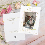 Christmas photo geometric gold modern holiday card<br><div class="desc">Modern,  elegant Christmas card,  with a faux gold geometric photo frame. Personalise and add your family name.  Happy Holidays written with a trendy handlettered style script. 

Back: add your note and your names.</div>
