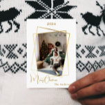 Christmas photo geometric gold modern holiday card<br><div class="desc">Modern,  elegant Christmas card,  with a faux gold geometric photo frame. Personalise and add your family name.  Merry Christmas written with a trendy handlettered style script. 

Back: add your note and your names.</div>