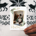 Christmas photo geometric gold modern holiday card<br><div class="desc">Modern,  elegant Christmas card,  with a faux gold geometric photo frame. Decorated with pine and cones. Personalise and add your family name.  Merry Christmas written with a trendy handlettered style script.</div>