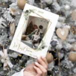 Christmas photo geometric gold modern holiday card<br><div class="desc">Modern,  elegant Christmas card,  with a faux gold geometric photo frame. Decorated with pine and cones. Personalise and add your family name.  Merry Christmas written with a trendy handlettered style script.</div>