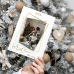 Christmas photo geometric gold modern holiday card<br><div class="desc">Modern,  elegant Christmas card,  with a faux gold geometric photo frame. Personalise and add your family name.  Merry Christmas written with a trendy handlettered style script.</div>