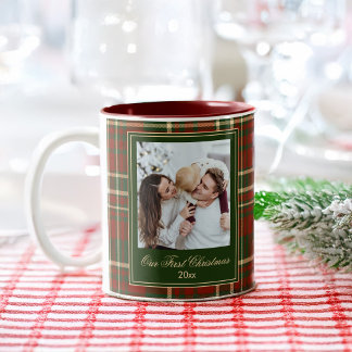 Christmas photo gifts red green plaid elegant cust Two-Tone coffee mug