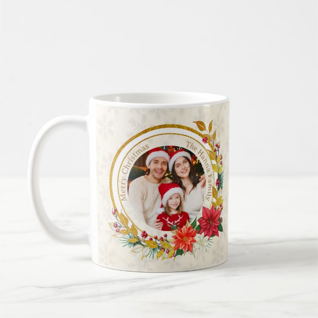 Christmas Photo - Gold Glitter Wreath Family Coffee Mug (Left)