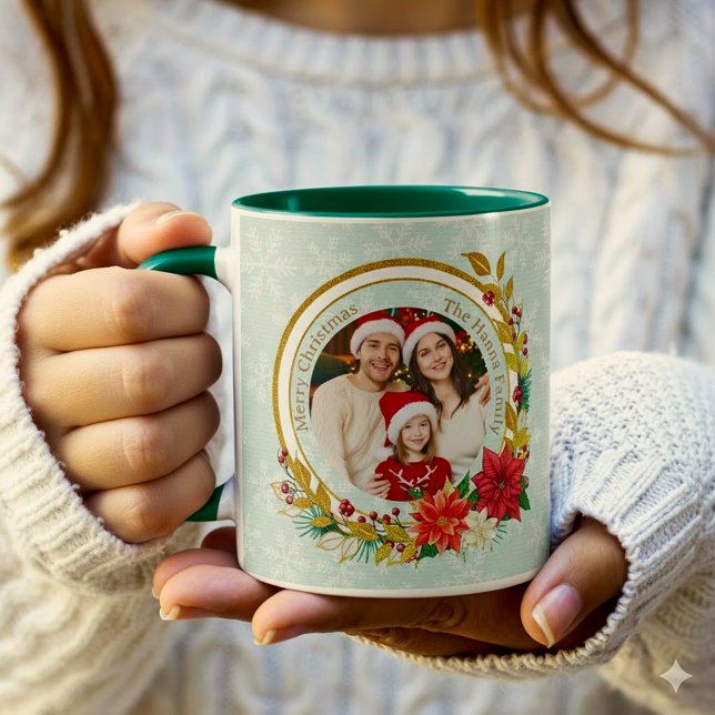 Christmas Photo - Gold Glitter Wreath Family Mug (Creator Uploaded)