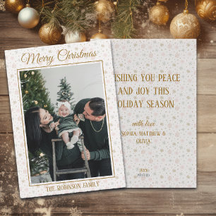 Christmas Photo Gold Snowflakes Family Name Year Holiday Card