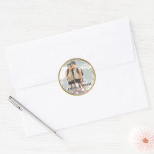 Christmas Photo Golden Frame Monogrammed Classic Round Sticker