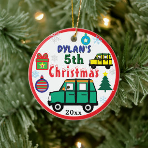 Christmas PHOTO Green Yellow Cars Boy Ceramic Tree Decoration