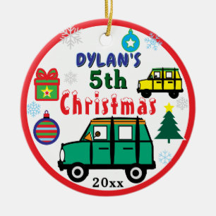 Christmas PHOTO Green Yellow Cars Boy Ceramic Tree Decoration