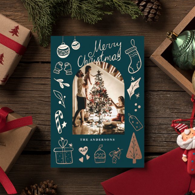 Christmas Photo Hand Drawn Green Holiday Foil Card (Creator Uploaded)