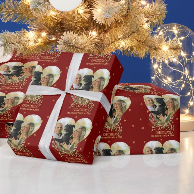 Christmas Photo Heart Gold Glitter Star Lovely Red Wrapping Paper (Holidays)