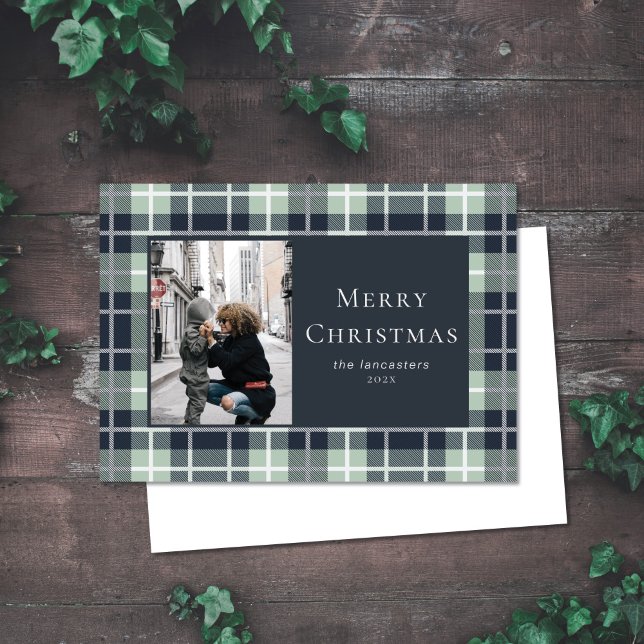 Christmas Photo Holiday Blue Mint Plaid Flat Card (Creator Uploaded)