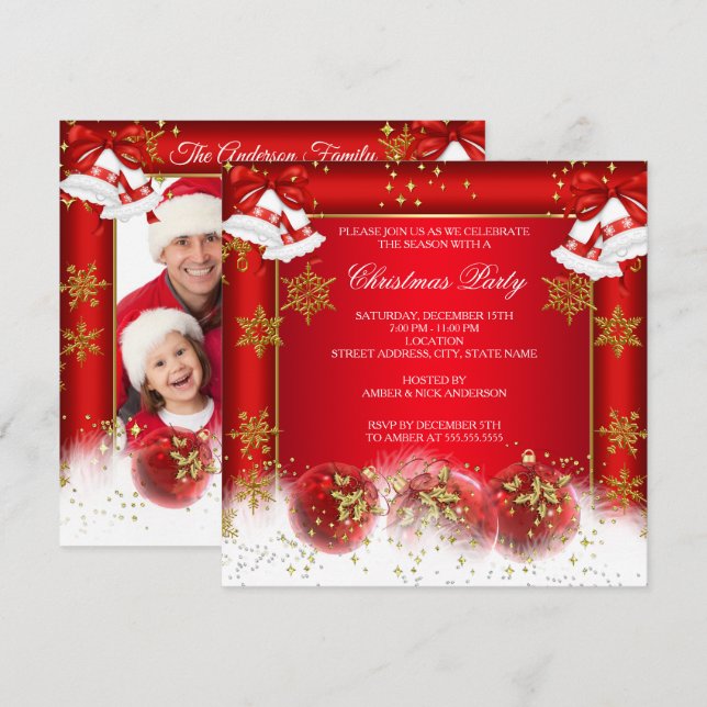 Christmas Photo Holiday Party Red Gold Bauble Invitation (Front/Back)