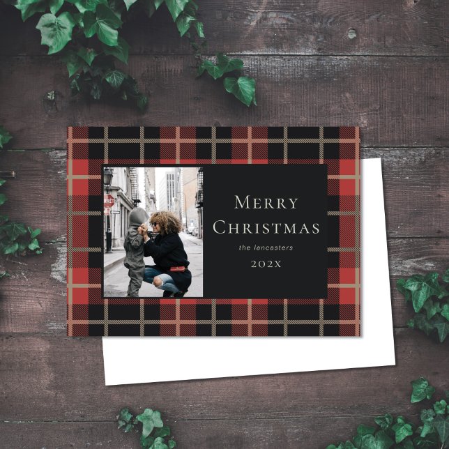 Christmas Photo Holiday Red Plaid Flat Card (Creator Uploaded)