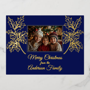 Christmas Photo Holly Branches Blue Botanical Foil Holiday Postcard