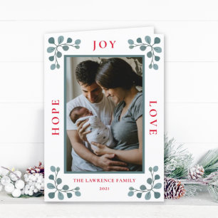 Christmas Photo Hope Joy Love Eucalyptus Botanical Holiday Card