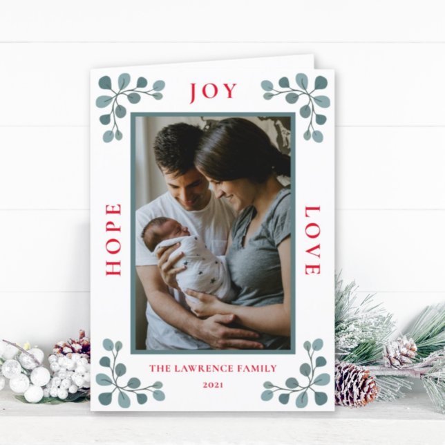 Christmas Photo Hope Joy Love Eucalyptus Botanical Holiday Card (Creator Uploaded)