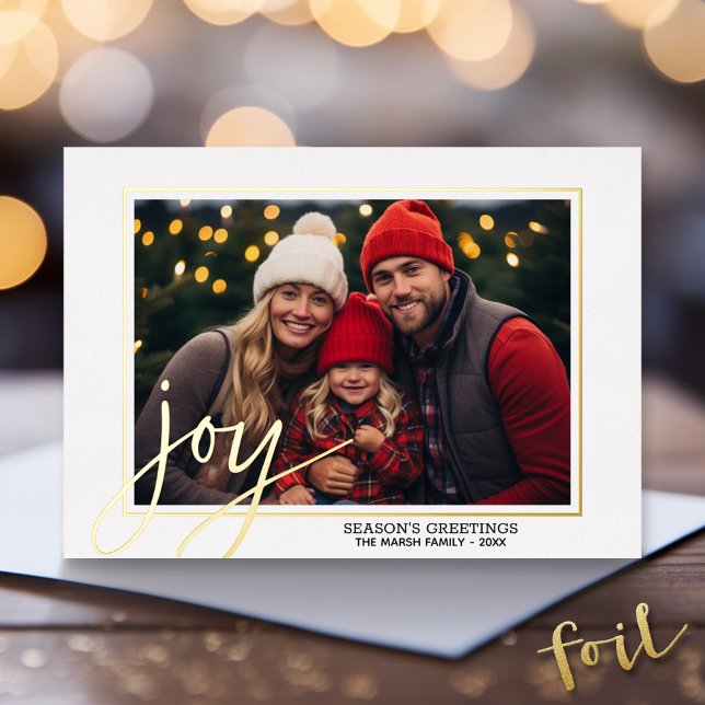 Christmas Photo Horizontal Script Gold JOY in real (Gold Foil Christmas Photo Card - Modern Holiday Greeting)