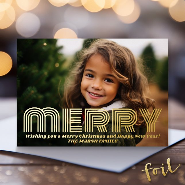 Christmas Photo - horizontal with Gold MERRY (Foil Holiday Greeting Card - Modern Christmas )