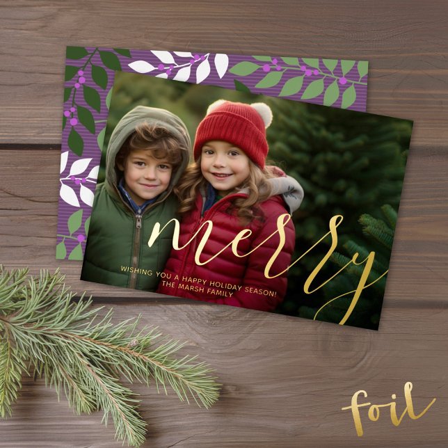 Christmas Photo - horizontal with Gold MERRY (A modern, whimsical Christmas card with 1 Photo and a modern script - gold foil)