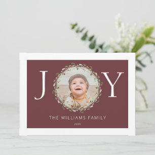 Christmas photo joy watercolor wreath burgundy red