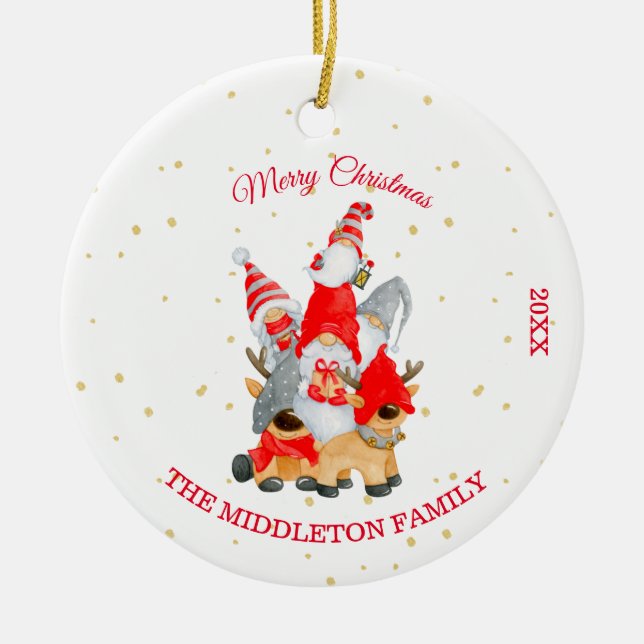 Christmas  Photo Merry Greeting Deer Gnomes Ceramic Tree Decoration (Front)