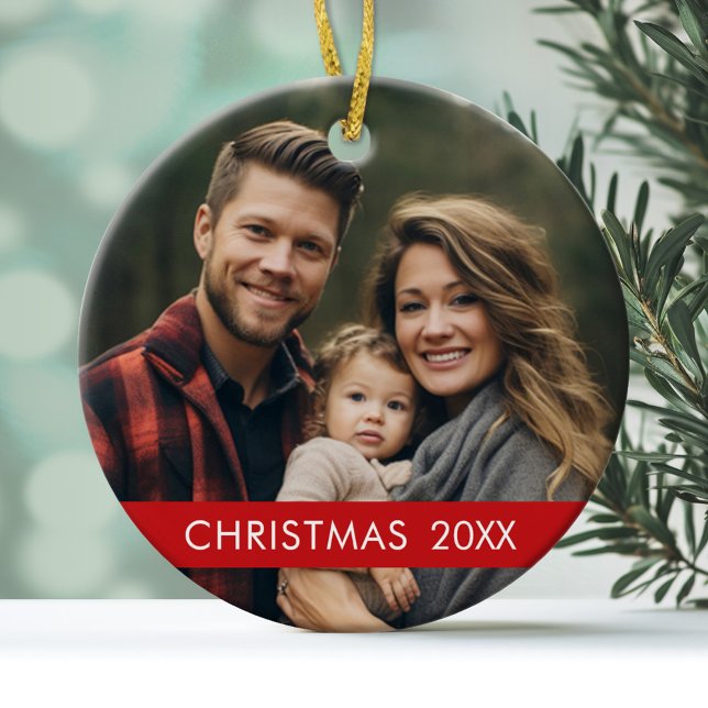 Christmas Photo Modern Minimal with Trendy Red Ceramic Tree Decoration (A modern, minimalist photo ornament with a red accent and white type)